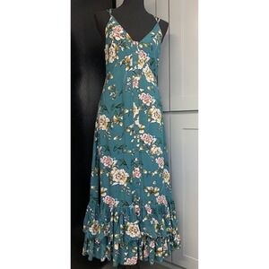 Vacate The Label Maxi Dress Small Green Floral Ruffle Hem Straps Peasant Sun